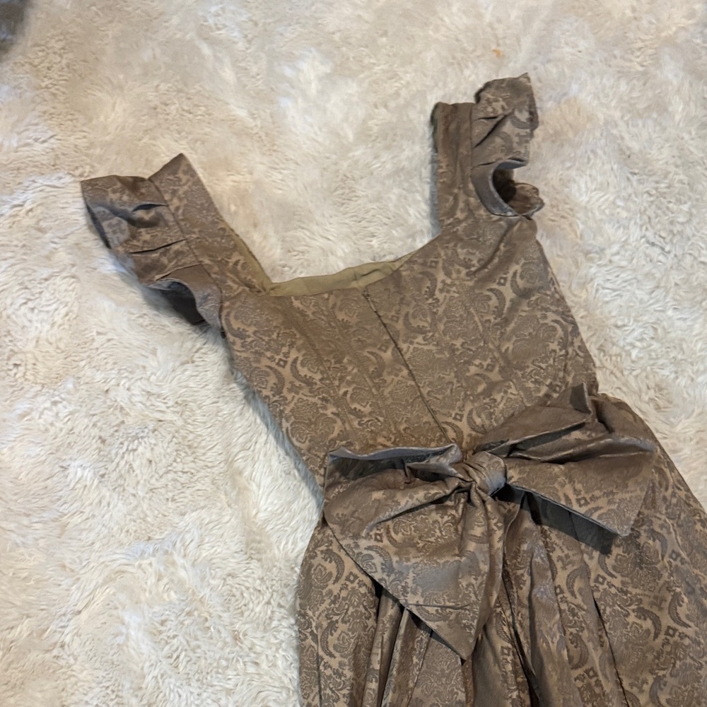 House of CB Brown Midi Dress Ruffle Sleeves xs Alessandra corset jacquard gold - Picture 11 of 12